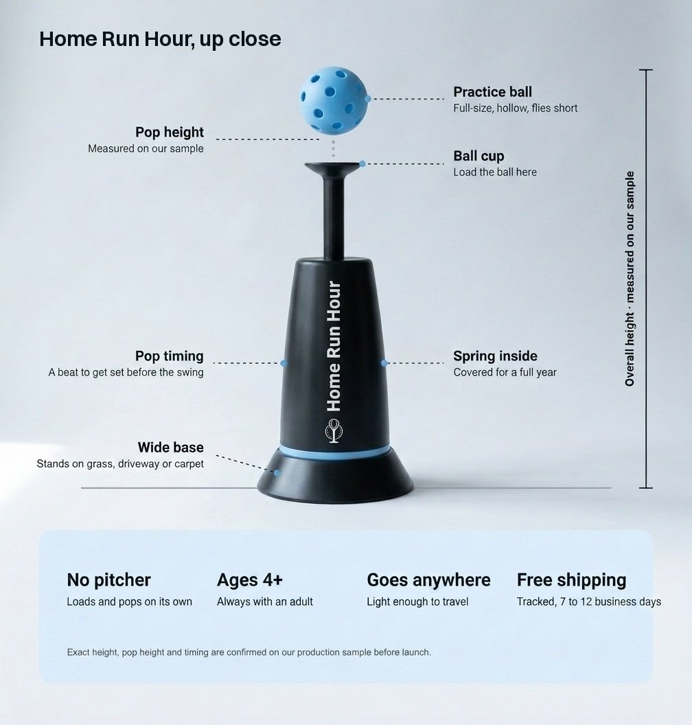 The Home Run Hour launcher up close: practice ball, cup, spring inside, wide base. Exact height, pop height and timing are measured on our sample. No pitcher, ages 4 and up with an adult, light enough to travel, free shipping.