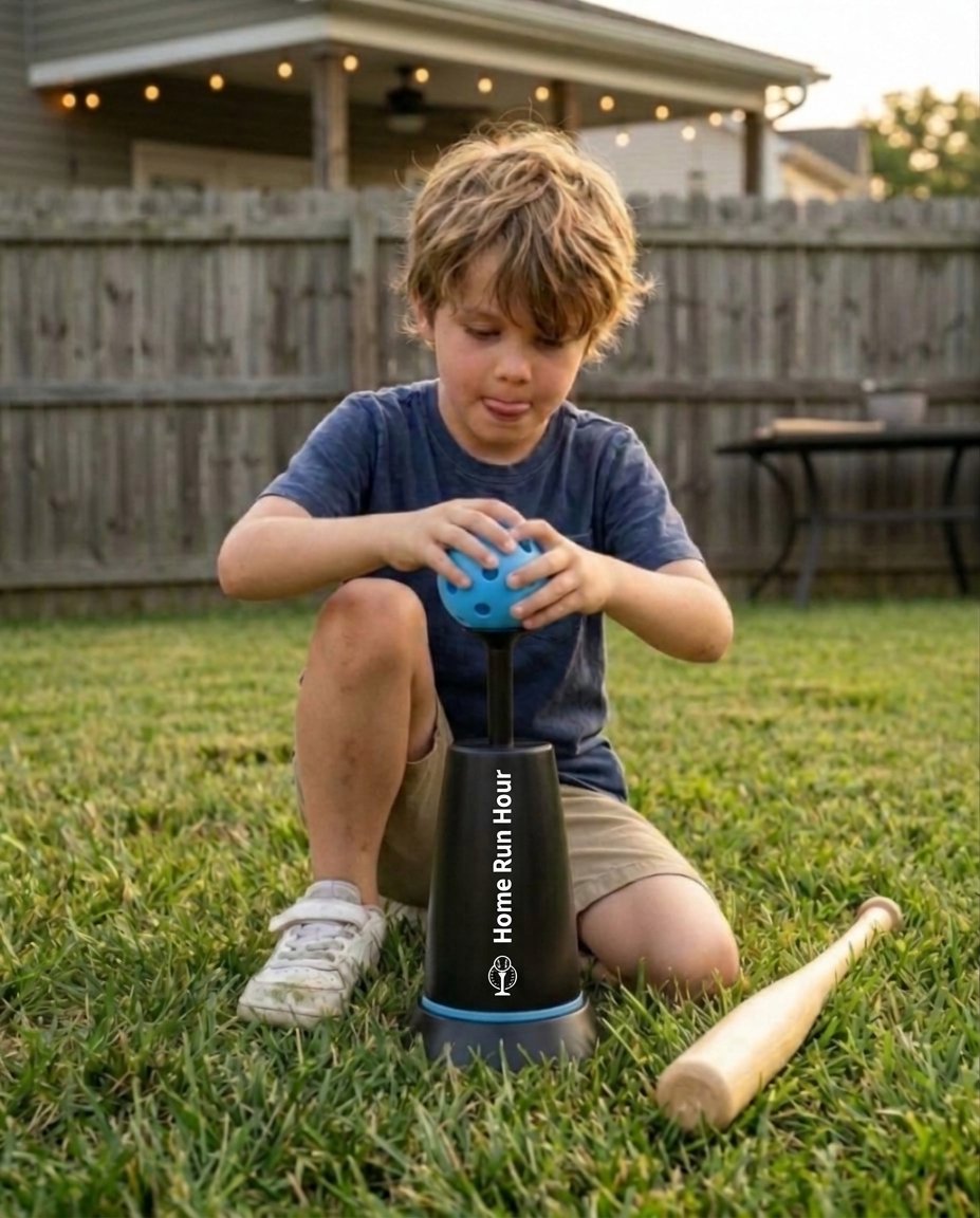 A boy presses the practice ball into the cup