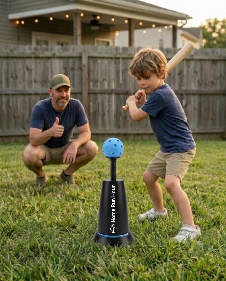 The boy sets his stance while his dad gives a thumbs-up