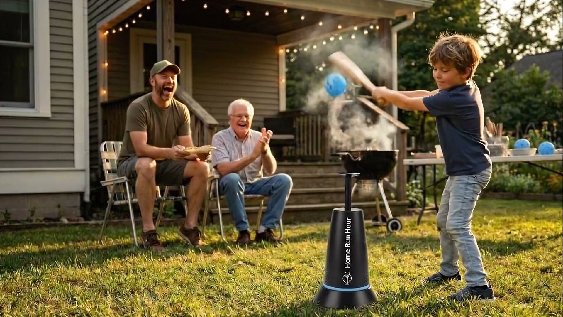 A boy hits the blue practice ball off the Home Run Hour launcher while his dad and grandpa cheer from the porch