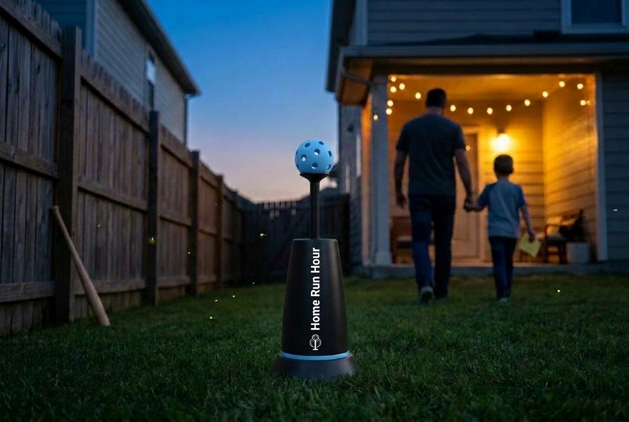 The Home Run Hour launcher waits on the lawn at dusk while a dad and his son head in for the night
