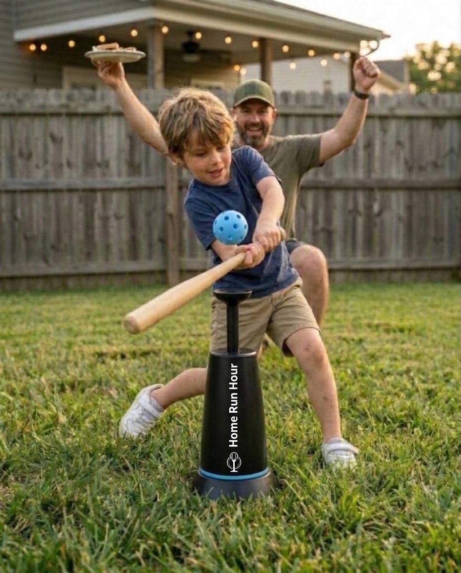 The boy connects with the popped-up ball as his dad cheers