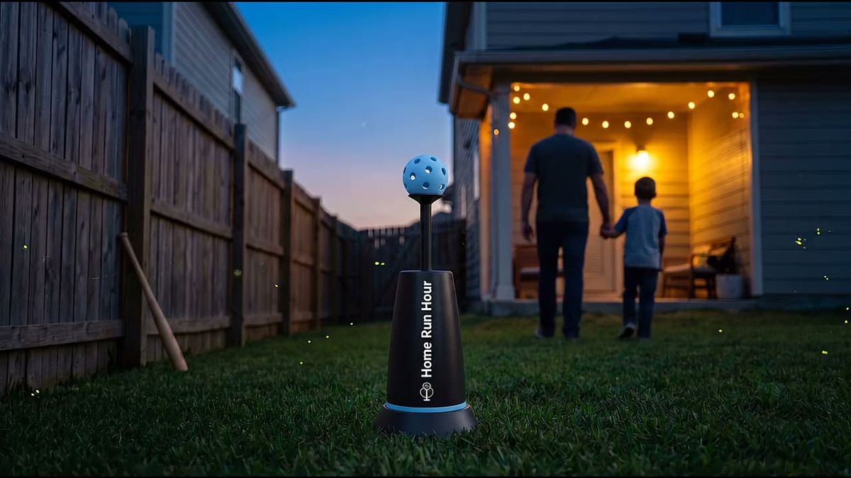 The Home Run Hour launcher waits on the lawn at dusk while a dad and his son head in for the night