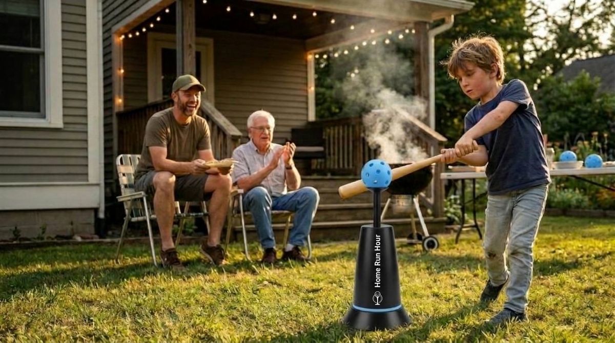A boy bats in the backyard while his family watches