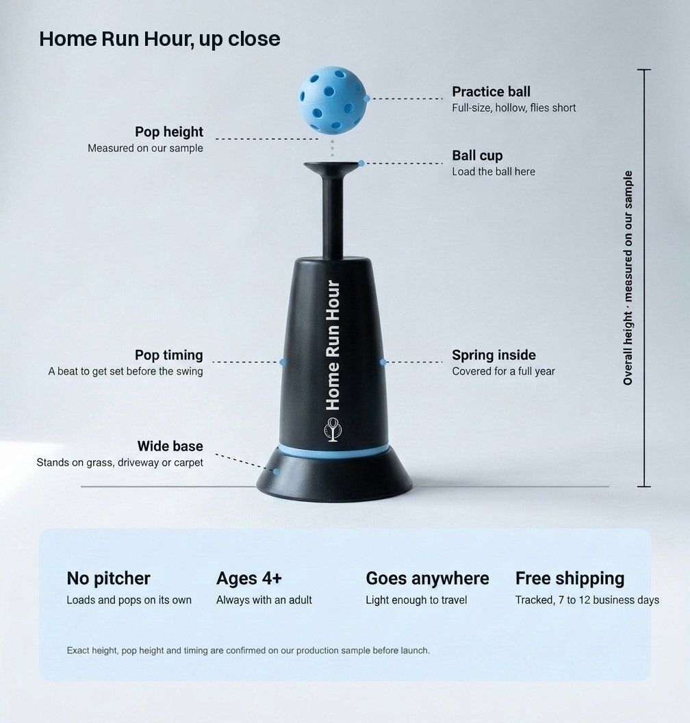 The Home Run Hour launcher up close: practice ball, cup, spring inside, wide base. Exact height, pop height and timing are measured on our sample. No pitcher, ages 4 and up with an adult, light enough to travel, free shipping.