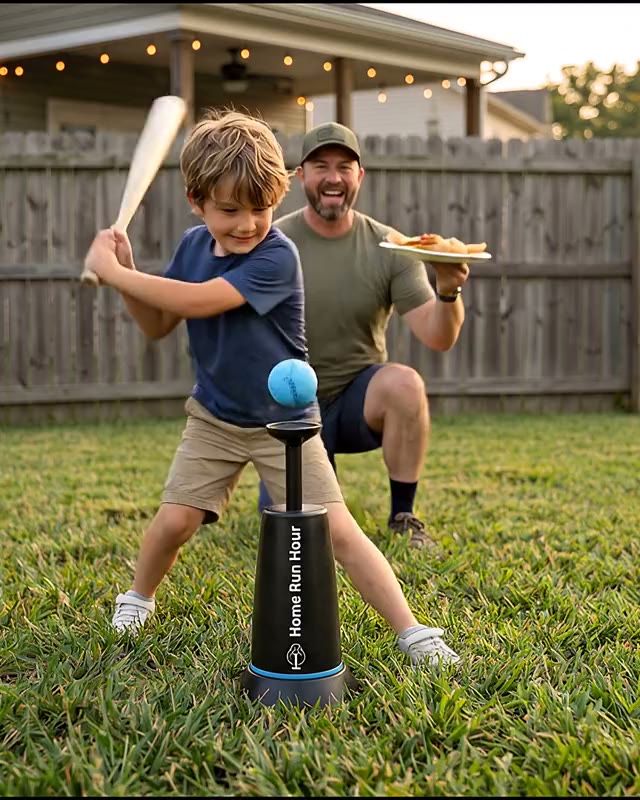 The boy hits the ball off the launcher as his dad cheers