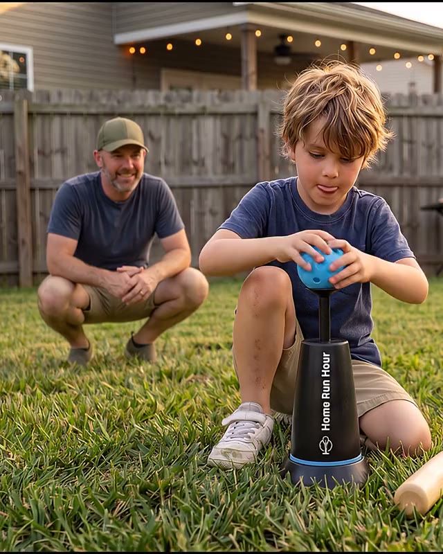 A boy presses the practice ball into the cup while his dad watches from behind